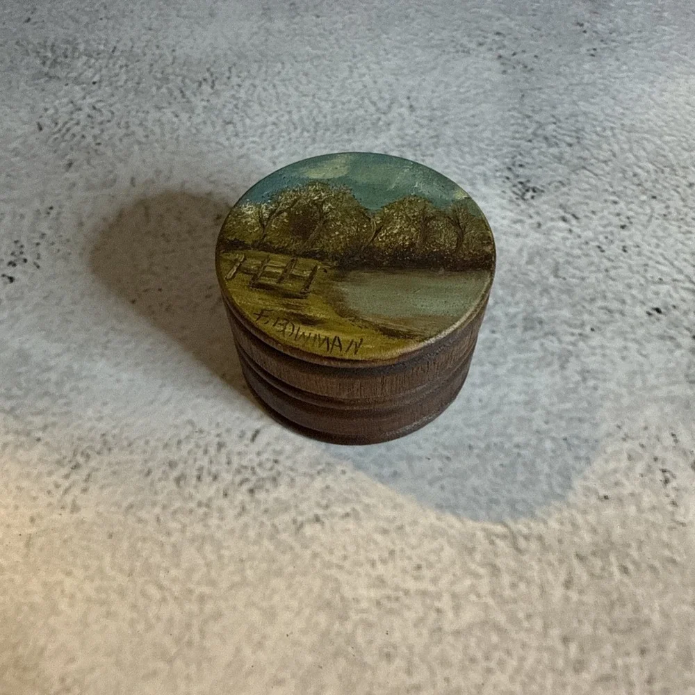 Hand Painted Folk Art Round Wooden Trinket Box Lake Scene Signed By F. Bowman